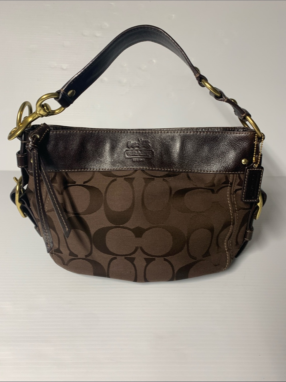 Coach Brown Logo Jacquard Shoulder Bag with Dark Brown Leather Trim